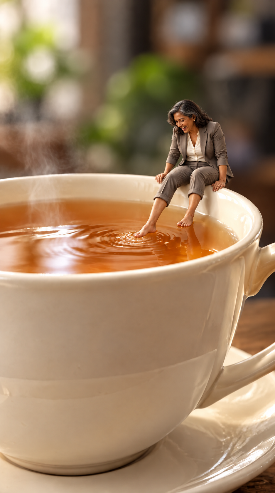 A laughing miniature woman in a tailored business suit dipping a bare toe into a steaming cup of tea